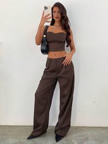 Aloruh 女士秋冬新款商务套装，棕色条纹吊带背心和棕色条纹西装裤两件套，适合通勤、办公室、正式场合 - 棕色 - 查看 4