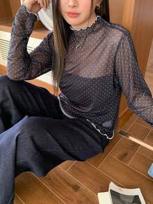 Dazy Plus 大码撞色拼接立领网纱波点透视衬衫T恤外出上衣女装 - 黑色 - 查看 6