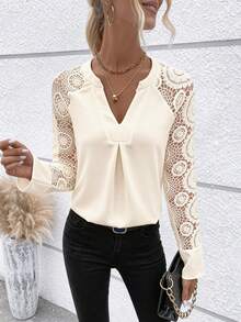 EMERY ROSE Contrast Lace Raglan Sleeve Curved Hem Notched Neckline Blouse For Holiday Party Clothes - Apricot - View 3