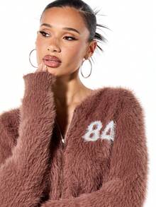SUMWON WOMEN Chaqueta de punto con capucha con cremallera, textura de sherpa, cálida y cómoda para estar en casa en invierno - Marrón - Ver 4