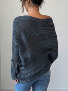 Rafferiza Women's Elegant Gray Autumn Chic Slouchy Slant Collar Asymmetrical Shoulder Knitted Batwing Sleeve Pullover Sweater, Night Out Casual Business Office Top - Navy Blue - View 2