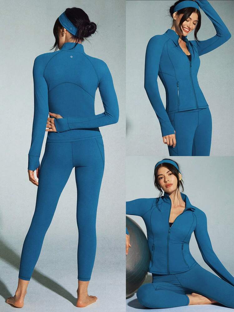 FeatherFit™ Slim-It Streamline Performance Secure Pockets Zip Up Long Sleeve Jacket Low Impact Yoga Pilates Daily Spring Summer