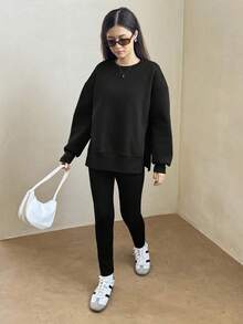 SHEIN 1 套青少年女孩时尚个性休闲开衩宽松落肩连帽衫和紧身打底裤套装，黑色，时尚秋冬装 - 黑色 - 查看 3