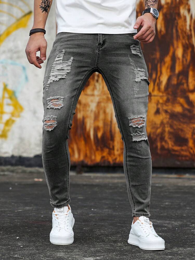 Manfinity Roughcore Men's Solid Color Ripped Skinny Pocket Casual
