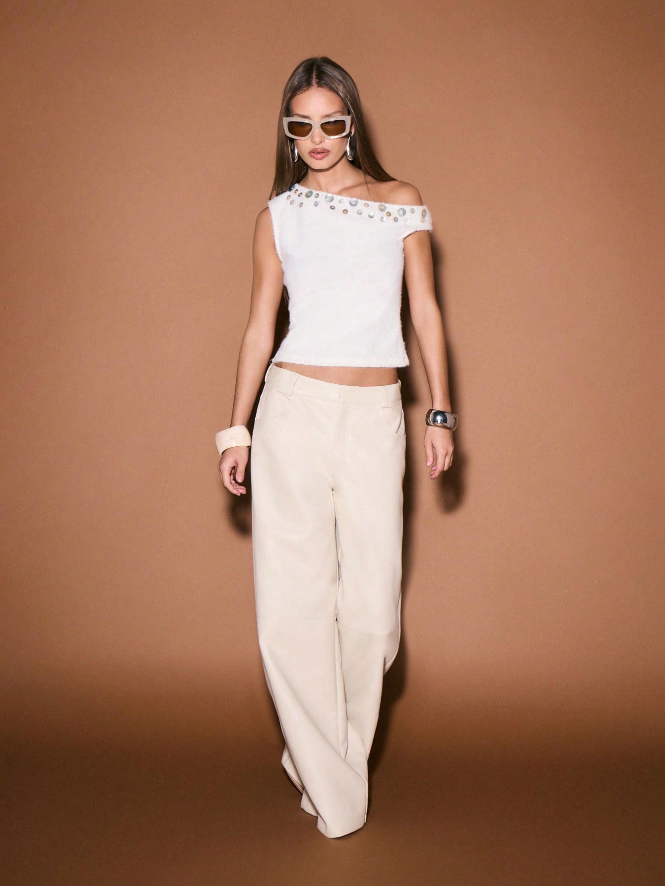 KIZN Off Shoulder Knit Top With Studded Neckline
