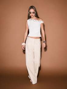 KIZN 露肩针织上衣，领口饰有金属铆钉，适合夏季节日场合 - 杏色 - 查看 3