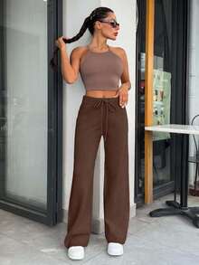 EURMUSE Pantalon tricoté à taille haute, couleur unie, motif unicolore, jambes larges, avec cordon de serrage et ceinture détaillée - Tabac - Voir 3
