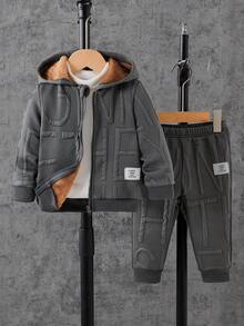 男婴休闲纯色长袖保暖拉链外套和裤子套装，两件套，舒适百搭，适合日常休闲户外穿着，秋冬季节适用。 - 深灰色 - 查看 1