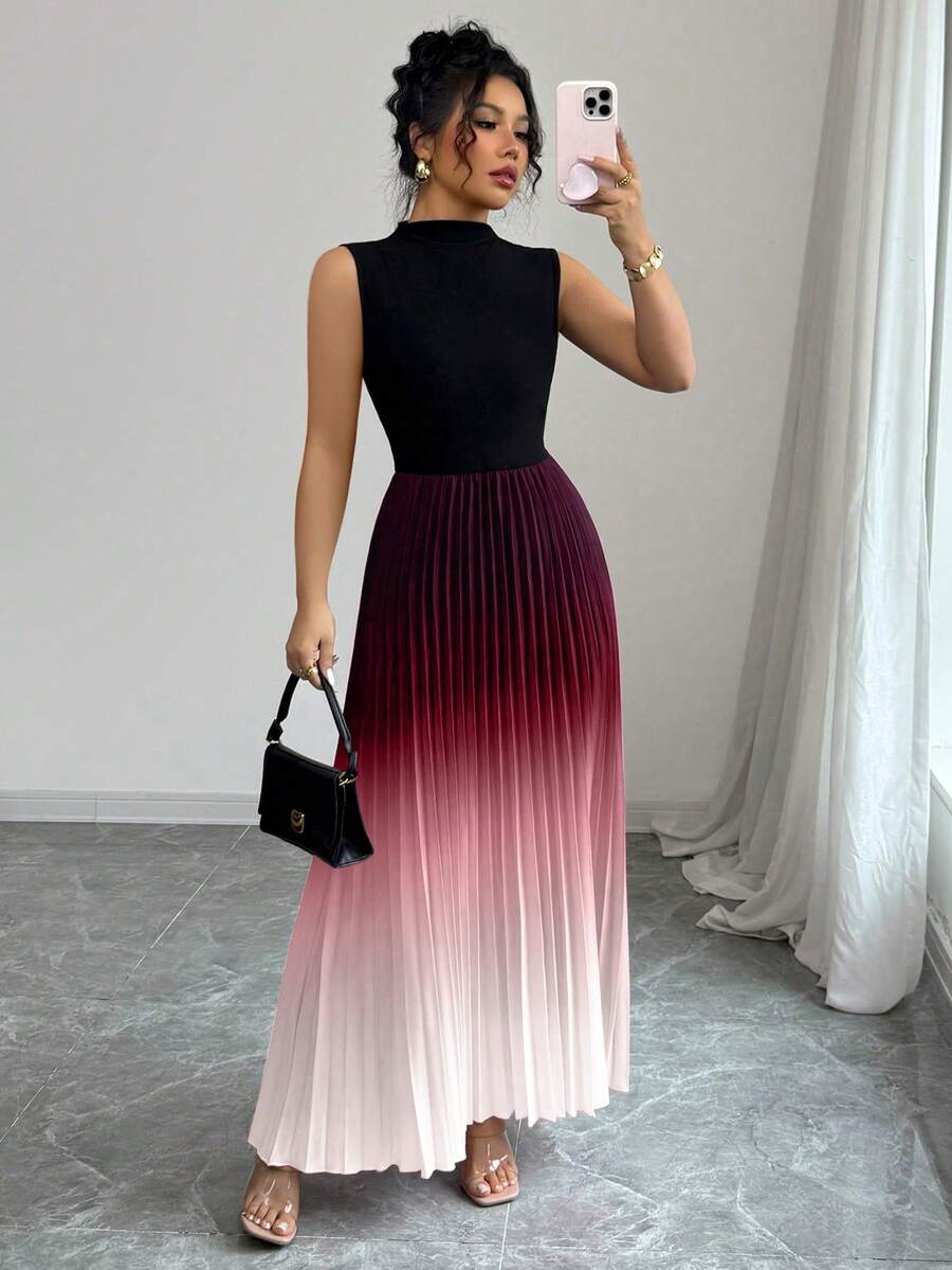 Elenzga Robe plissée noire élégante et décontractée avec patchwork et dégradé pour femmes - Rose pâle - Voir 1