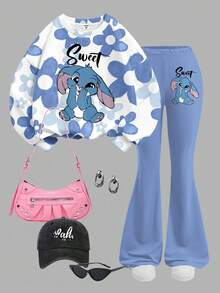 SHEIN Leap Crew Kawaii Cartoon Blue Rabbit Lulu & Stitch Pattern, Blue Ombre Floral, Tween Girls Knit Crew Neck Letter Graphic Loose Sweatshirt And Flare Pants 2 Piece Casual Set - Multicolor - View 3
