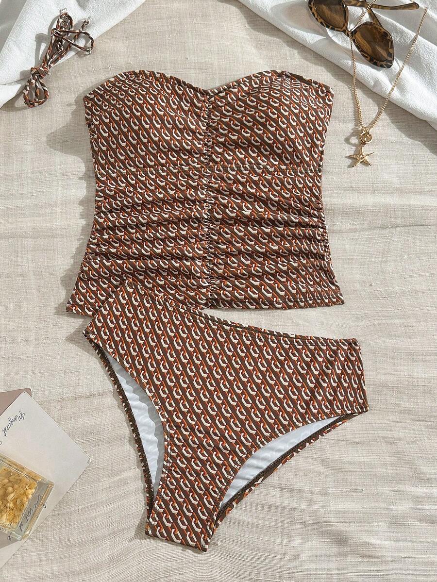 Swim Chiccia Women's 2-Piece Set, Spring/Summer Chain Cycle Print, Elegant Ruched Design Camisole & Bikini Top - Brown - View 1