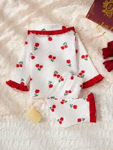 Bộ đồ mặc nhà gồm 2 chiếc áo dài tay in hoa và quần dài cho bé gái, thiết kế đơn giản và dễ thương - Đỏ và trắng - Xem 2