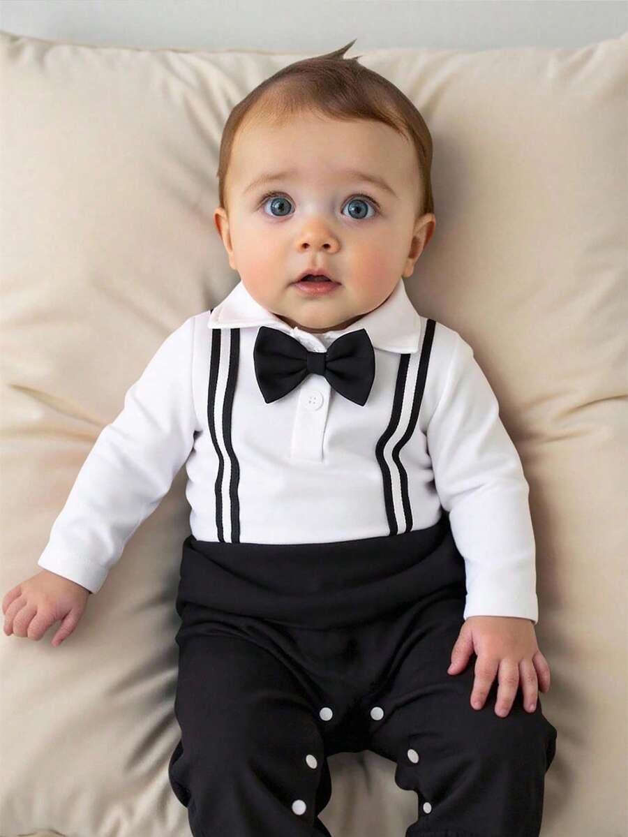 SHEIN 男宝宝二合一前开襟连体衣，时尚优雅设计，饰有蝴蝶结，尽显绅士风范，精致帅气，简约设计，适合日常穿着和拍照，四季皆宜，男宝宝秋冬服装