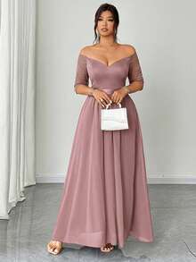 Elenzga Váy dự tiệc lãng mạn thanh lịch cỡ lớn dành cho nữ, váy maxi dài tay ngắn trễ vai bằng vải voan chắp vá ren - Hồng - Xem 1