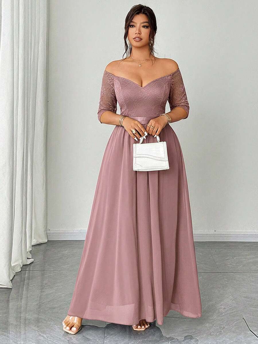 Elenzga Váy dự tiệc lãng mạn thanh lịch cỡ lớn dành cho nữ, váy maxi dài tay ngắn trễ vai bằng vải voan chắp vá ren - Hồng - Xem 1