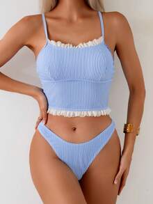 Swim Basics 女式条纹蕾丝边下摆吊带背心和比基尼泳装套装 - 藍白色 - 查看 3