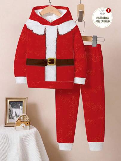 1 Set Young Boy Funny Creative Cute Santa Claus Print Santa Claus Snow Suit Hoodie Sweatshirt + Sweatpants Set, Suitable For Christmas, Parties, Christmas Costume