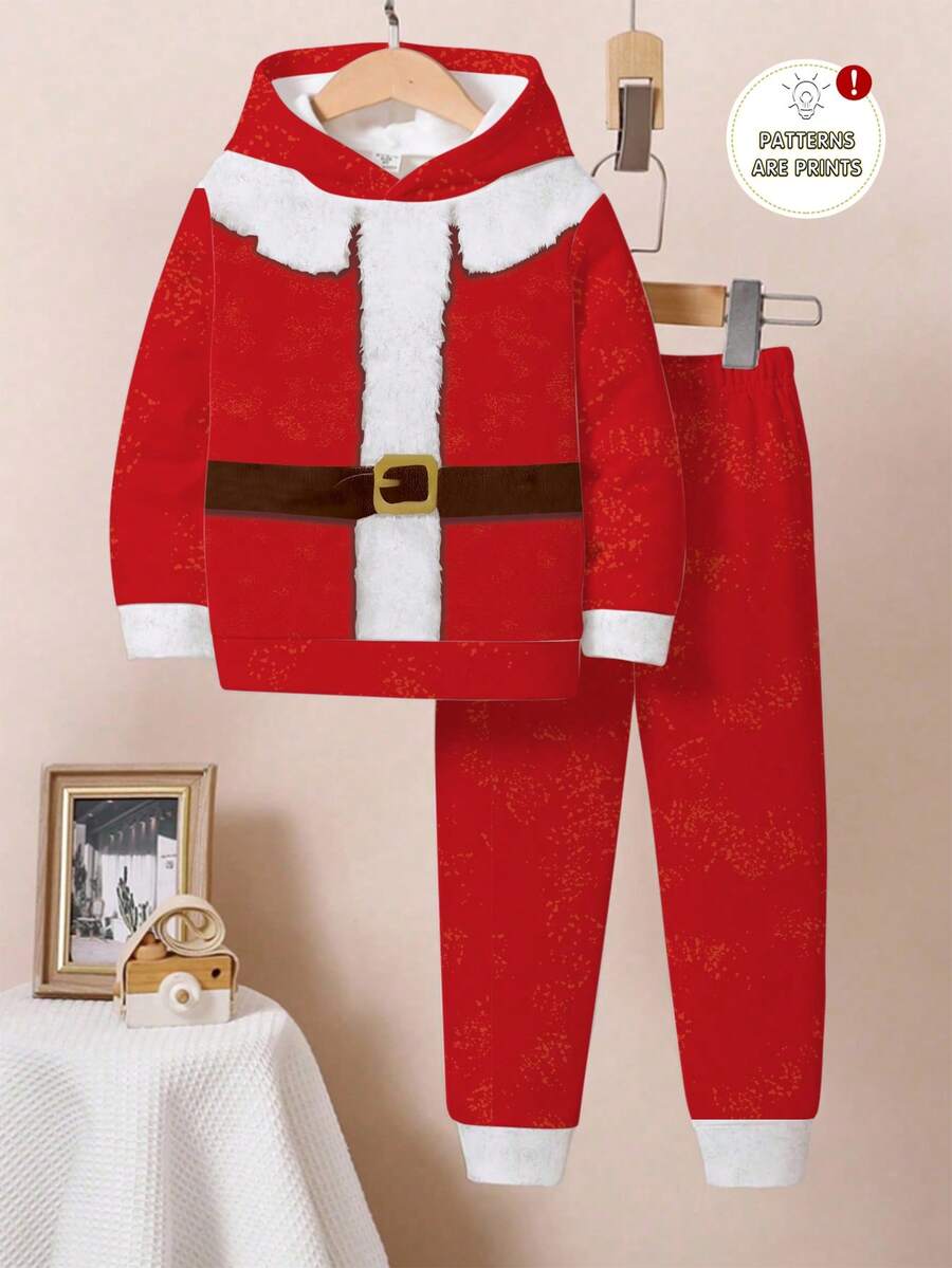 1 套小男孩趣味创意可爱圣诞老人印花圣诞老人雪人套装连帽衫运动衫 + 运动裤套装，适合圣诞节、派对、圣诞服装 - 彩色 - 查看 1