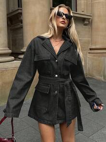 SHEIN Forever 21 Fall&Winter Women Black Blue Denim Jacket/Christmas/New Years/Holiday Party Women Jacket/Black Blue Jacket/Holiday/ New Years/Loose Jacket/Long Sleeve Jacket/New Years Eve/New Years/Christmas Party Women Denim/Holiday Women/Holiday/Christmas/Y2k /Loose/Collared/Retro/Party Wear/Blue Washed With Pockets/Street Style/Belt/Classy/Daily Wear/Casual Denim Jacket - Black - View 6