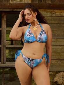 SHEIN Swim 3pcs Plus Size Elegant Leopard Print Vacation Swimwear Set Plus Size Swimwear Two Pieces Beachwear Plus Size - Multicolor - View 4