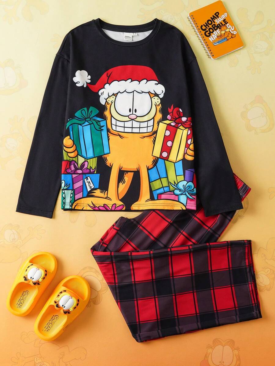 GARFIELD | SHEIN 2-teiliges Weihnachts-Katzen- und Geschenkbox-Muster-Top und rot-schwarz karierte Hose Pyjama-Set für Tween-Jungen, Herbst/Winter