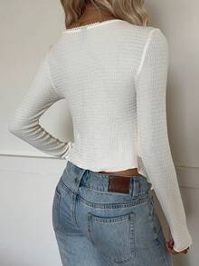 CovetEZ Casual Women's Sweetheart Neck Apricot Long Sleeve T-Shirt Ruched Semi-Sheer Knitted Fabric Flared Hem Regular Top - Apricot - View 2