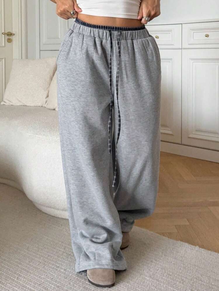 DAZY 女士格子拼接抽绳腰宽松保暖休闲裤，冬季款 - 灰色 - 查看 4