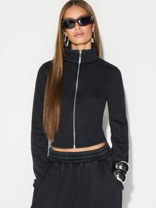 KIZN High Neck Zip Up Cropped Jacket With Full Zipper Closure For Winter Layering And Fall Outerwear - Black - View 1