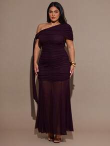 SHEIN BAE Plus Size Burgundy Off-Shoulder Spaghetti Strap Maxi Dress With A Flowing Skirt Is Elegant And Sophisticated, Suitable For Holidays, Weddings, Birthdays, Graduations, And More. It Can Also Be Worn As A Fitted Dress, Autumn Dress, Christmas Costume, Halloween Costume, Date Outfit, Or Wedding Guest Attire. Elegant And Sophisticated Dress Is An Ideal Choice For Wedding Guests. - Coffee Brown - View 3