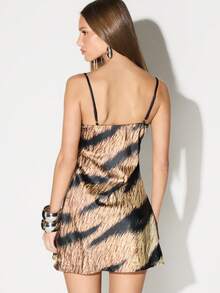 KIZN Satin Tiger Print Lace Trim Mini Dress Bodycon Cocktail Party Cami Slip Dress