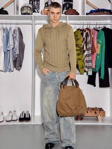 STEELVANCE 男士新款时尚纯色抽绳连帽毛衣，秋季 - 咖啡棕 - 查看 5