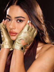 SHEIN ICON 1双时尚镂空心形女士露指手套 - 金色 - 查看 5