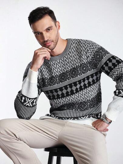 Manfinity CityGents Suéter de cuello redondo de manga larga con patrón geométrico de moda casual para hombres. Suéteres cálidos de estilo "Old Money" adecuados para ir al trabajo, trabajar, salir, citas, compras. Es excelente para parejas y una gran idea de regalo para novios o esposos. La parte superior es elegante y con estilo, un suéter de invierno casual y versátil, esencial para el otoño.