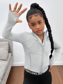 SHEIN Áo khoác nhẹ có khóa kéo cho bé gái tuổi teen, Áo khoác thể thao thoáng khí dùng để chạy bộ, tập gym, yoga, quần áo cho mọi mùa thu đông - Màu Xám nhạt - Xem 5