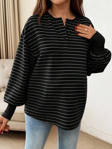 SHEIN 孕妇条纹纽扣半襟落肩长袖休闲T恤 - 黑與白 - 查看 4