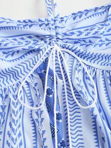 Sweetra Petite Petite Women's Romantic Sweet Halter Neck Maxi Beach Dress, Bohemian Wheat Ear Pattern, High Slit, Dopamine Color, Summer - Blue - View 3