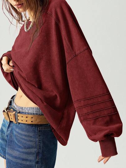 Bohemela 纯色 V 领落肩长袖宽松女式运动衫，休闲/度假秋冬女装