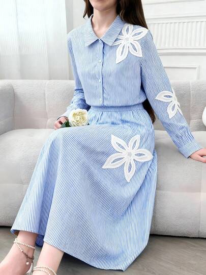 Randig långärmad skjorta och minikjol med blommönster för tonårsflickor, avslappnad outfit