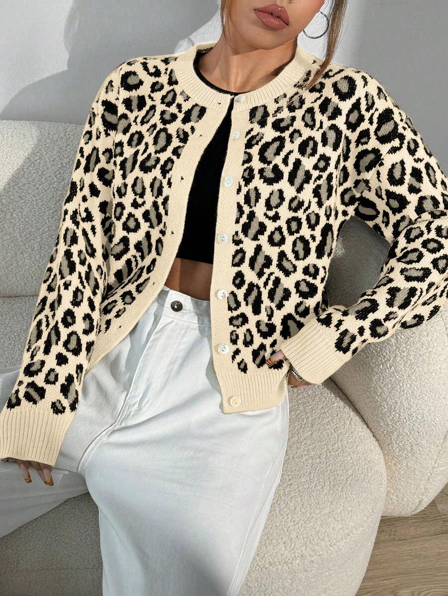 SHEIN Unity Casual Loose Leopard Print Cardigan, Autumn/Winter - Multicolor - View 1