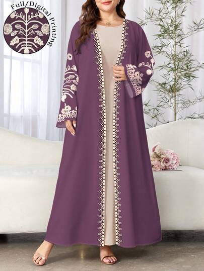 SHEIN Najma Plus Size Women's Floral Print Long Sleeve Casual Arabic Abaya, Spring/Autumn Open Abaya