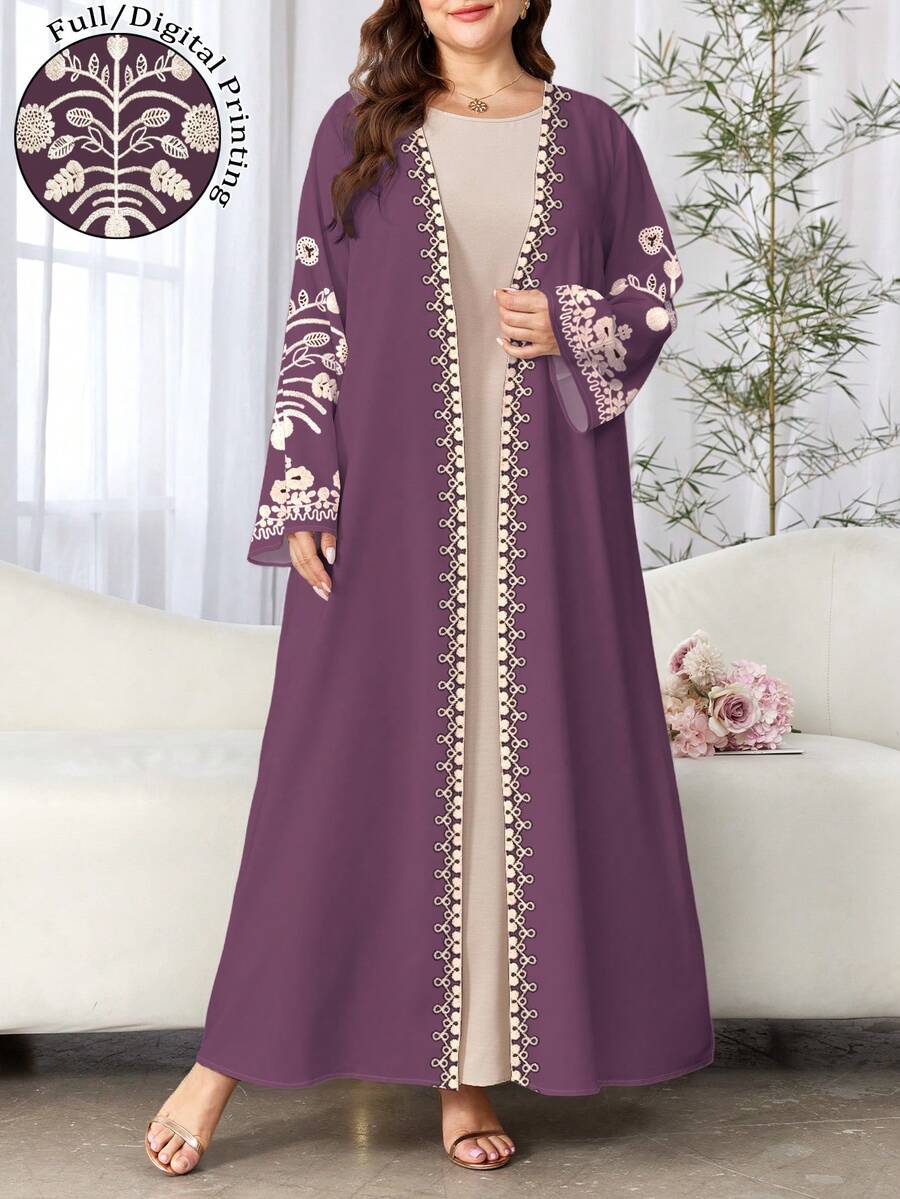 SHEIN Najma Plus Size Women's Floral Print Long Sleeve Casual Arabic Abaya, Spring/Autumn Open Abaya - Multicolor - View 1
