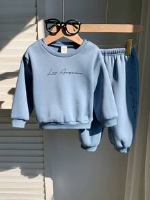 SHEIN 2pcs Baby Boy/Girl Cute Versatile Grey & Blue Fleece Letter Graphic Long Sleeve Sweatshirt & Joggers Tracksuit Set, Autumn/Winter