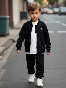 2pcs/Set Young Boys' Brushed Thick Cargo Baseball Jacket & Printed Casual Pants Set, Suitable For Winter, Matching Sibling Outfit - Black - View 3