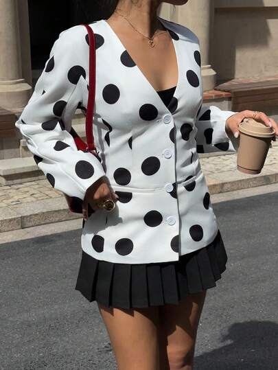 SHEIN EZwear White And Black Polka Dot Women Long Sleeve V Neck Jacket,Fall/Winter,Party For Women,New Year Women's