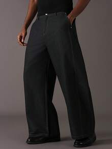 STYNVO Men's Letter Embroidered Pocket Wide Leg Loose Casual Pants Jeans Wide Leg Graphic Jeans Western Pants Baggy Jeans - Black - View 4