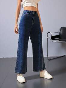 Jeanoix Quần jean denim ống rộng màu trơn có túi - Rửa tối - Xem 4