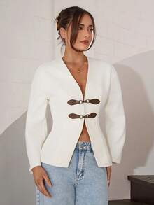 Modelyn Chaqueta corta casual de manga larga con cuello en V y hombros caídos para mujer, ropa de otoño e invierno - Albaricoque - Ver 5