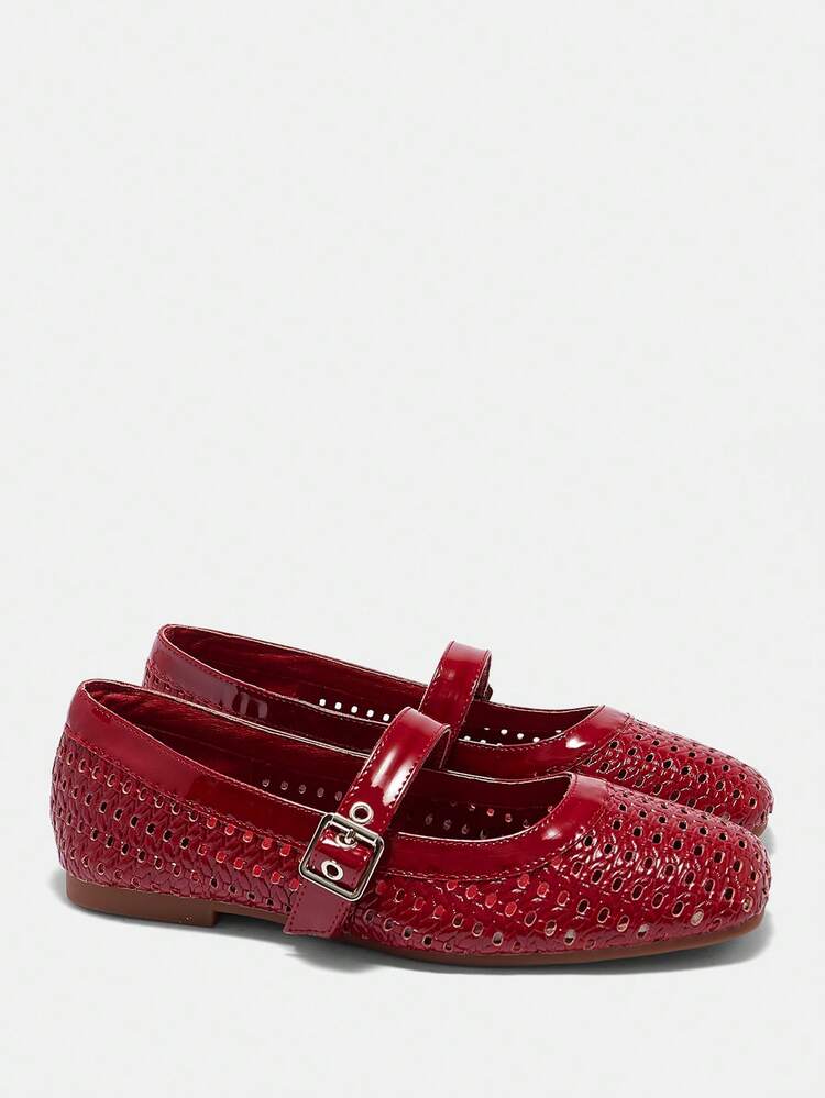 CUCCOO CURVES Wide Fit Women's Round Toe Flat Shoes, Burgundy Embossed Fabric, Minimalist Design, Comfortable, Hollow-Out Breathable Buckle Strap, Plus Size
