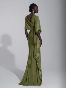 Elitara Elegant Luxurious Navy Blue Satin Ruffle Sleeve Sexy Slit Fishtail Bridesmaid Dress