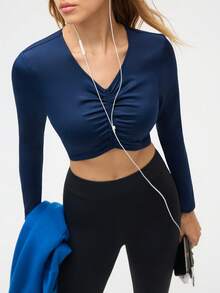 SHEIN Sports Women's Navy Blue Ruched V-Neck Long Sleeve Crop Top, Stretch Athleisure Workout Tee For Gym And Daily Wear - Navy Blue - View 7